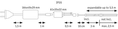 Schéma technique d’un câble électrique avec dimensions et indice IP20 pour éclairage LED.