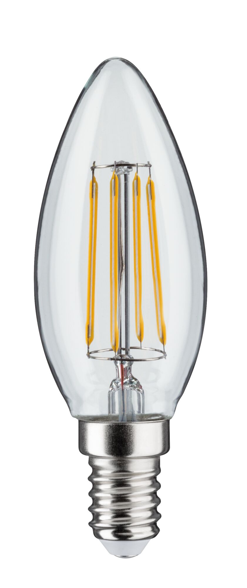 Ampoule LED en forme de bougie avec verre transparent et filaments jaunes visibles pour éclairage économique
