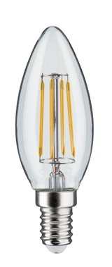 LED candle-shaped bulb with clear glass and visible yellow filaments for energy-efficient lighting