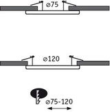 Technical drawing of recessed spotlight with adjustable diameters 75 to 120 mm for LED lighting