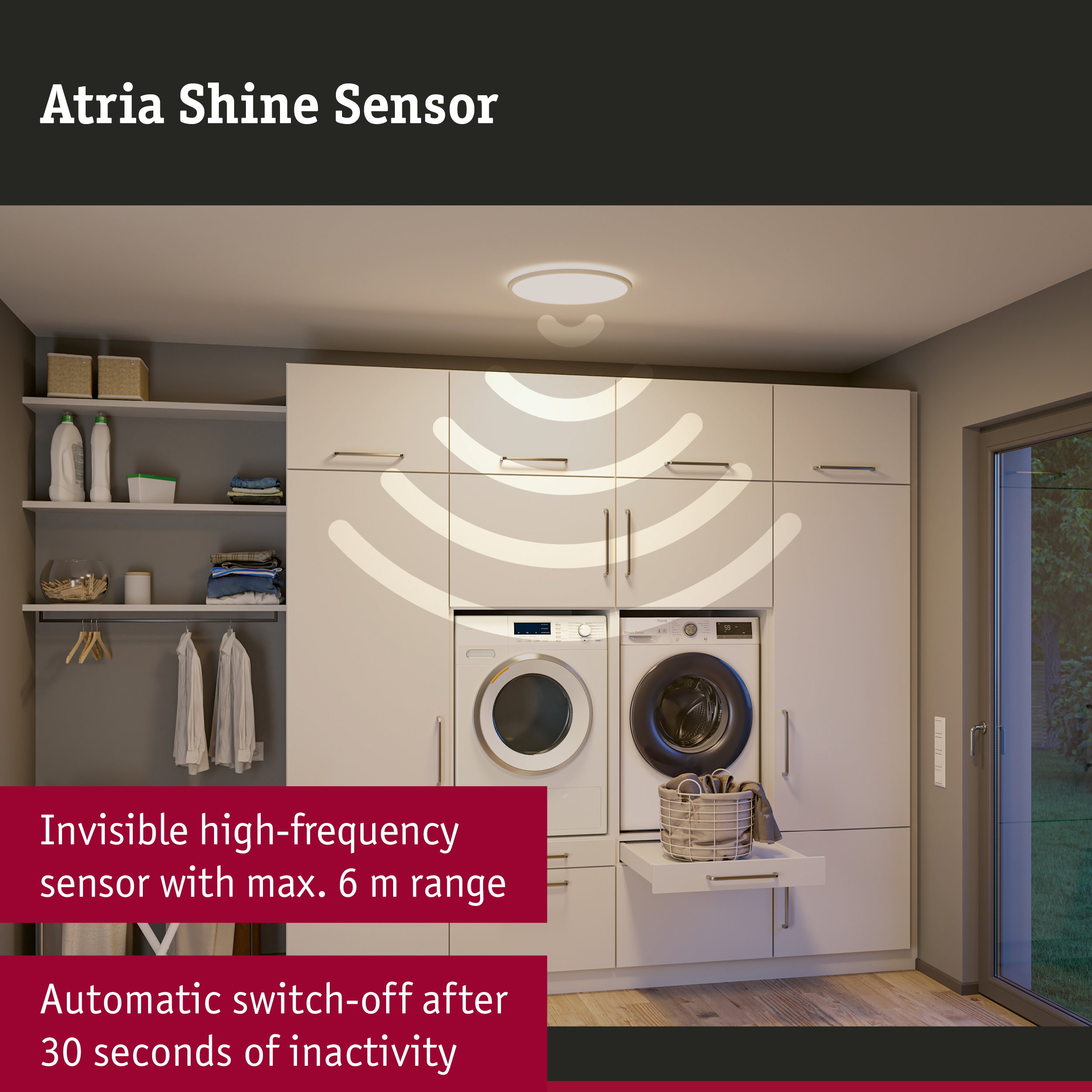 White ceiling light with Atria Shine Sensor and automatic switch-off after 30 seconds of inactivity