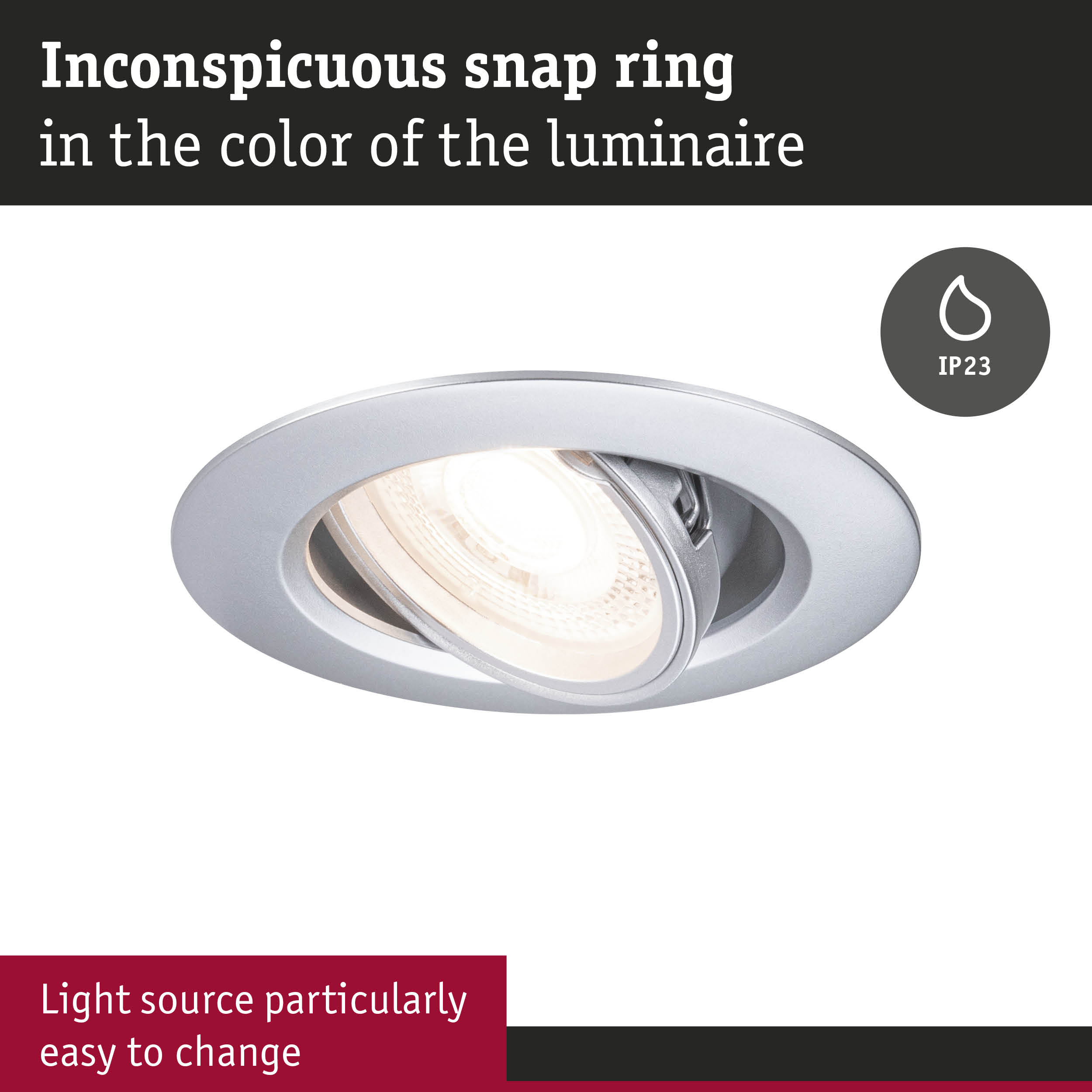 Silver metal recessed spotlight with IP23 rating and easily replaceable light source