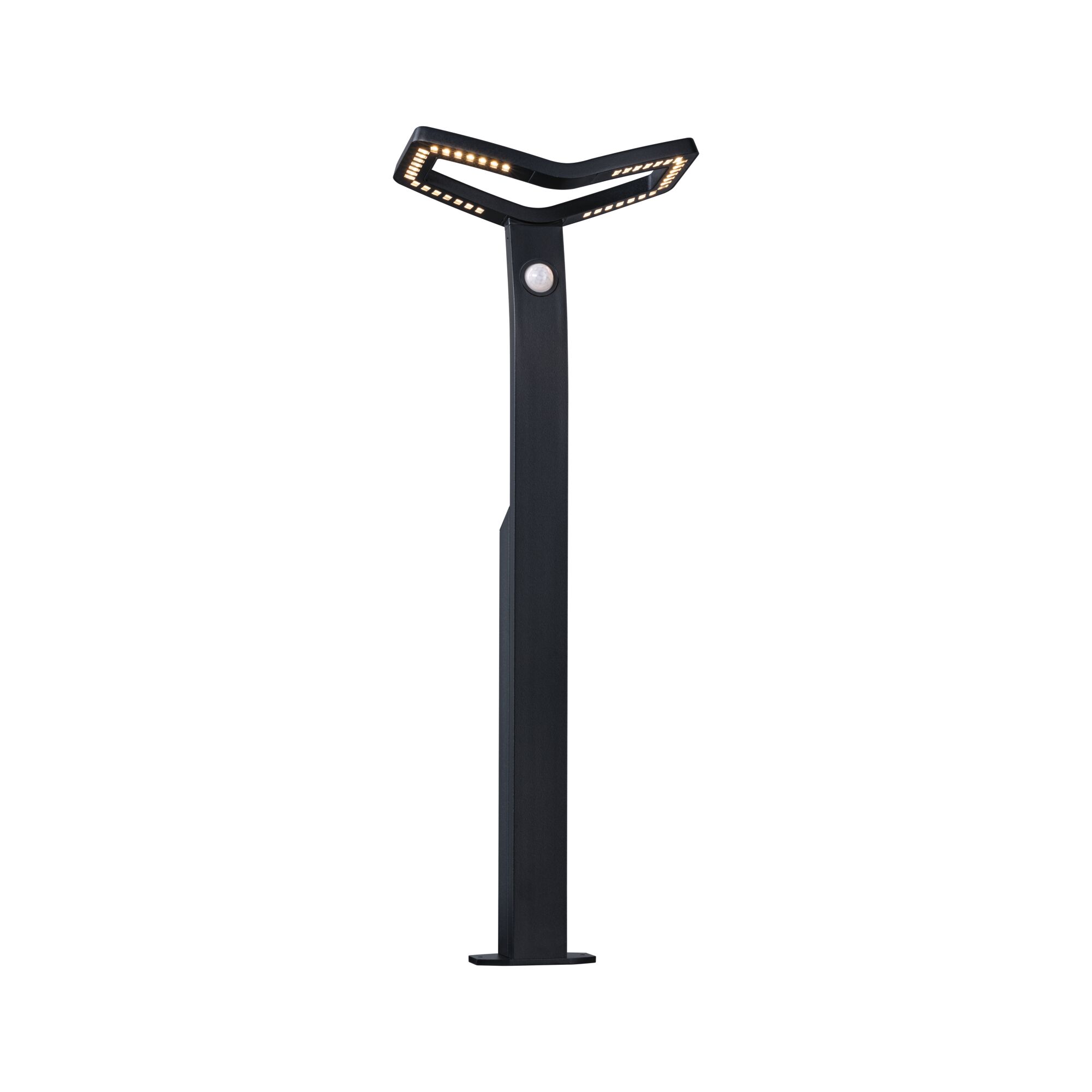 Zwarte metalen LED-buitenlamp met bewegingssensor en modern design voor tuin- en padverlichting