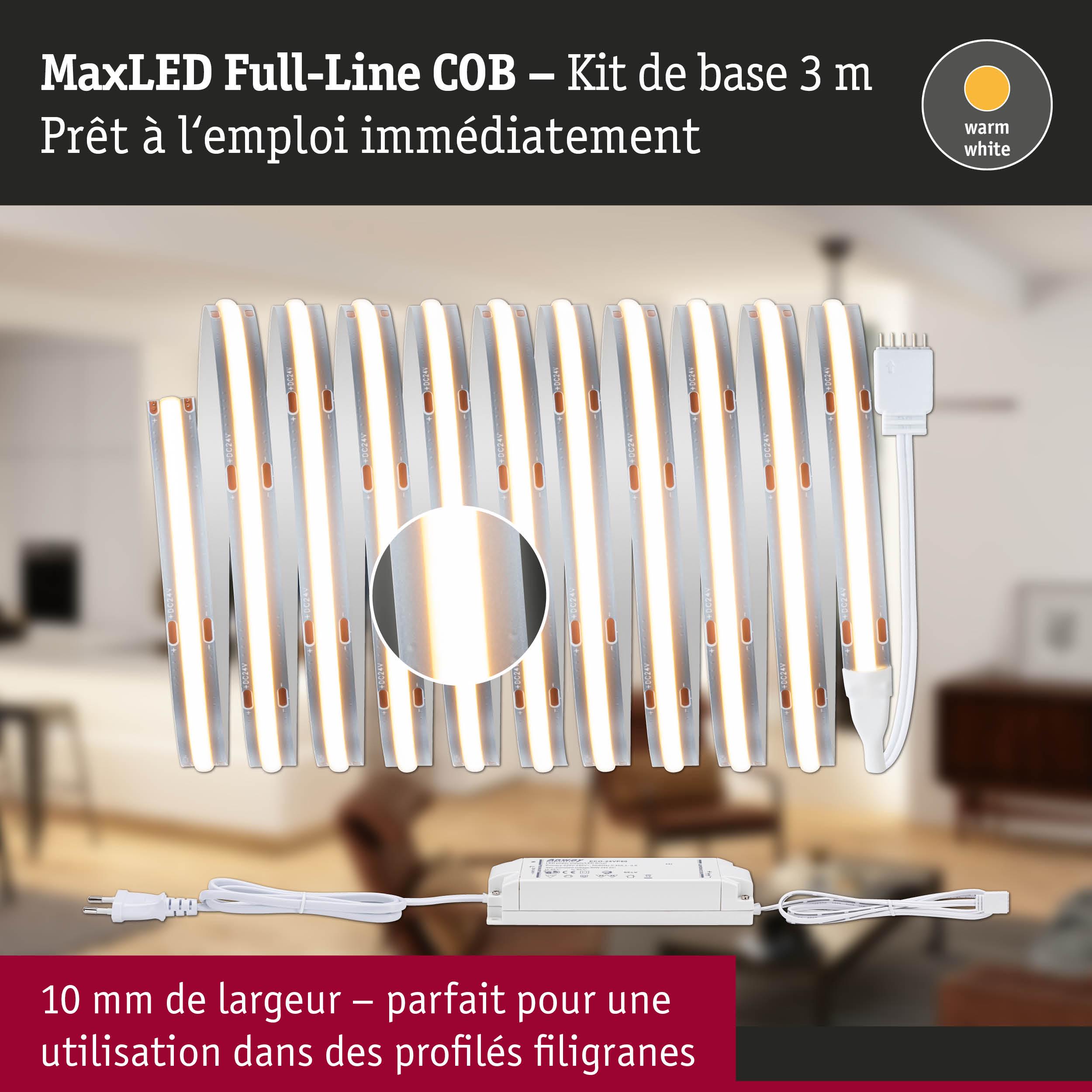 Bande LED MaxLED Full-Line COB 3 m blanc chaud avec alimentation, 10 mm de large pour profils fins