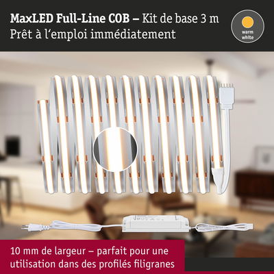 Bande LED MaxLED Full-Line COB 3 m blanc chaud avec alimentation, 10 mm de large pour profils fins