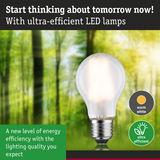 Energy-saving LED lamp with warm white light against green forest background for eco-friendly lighting
