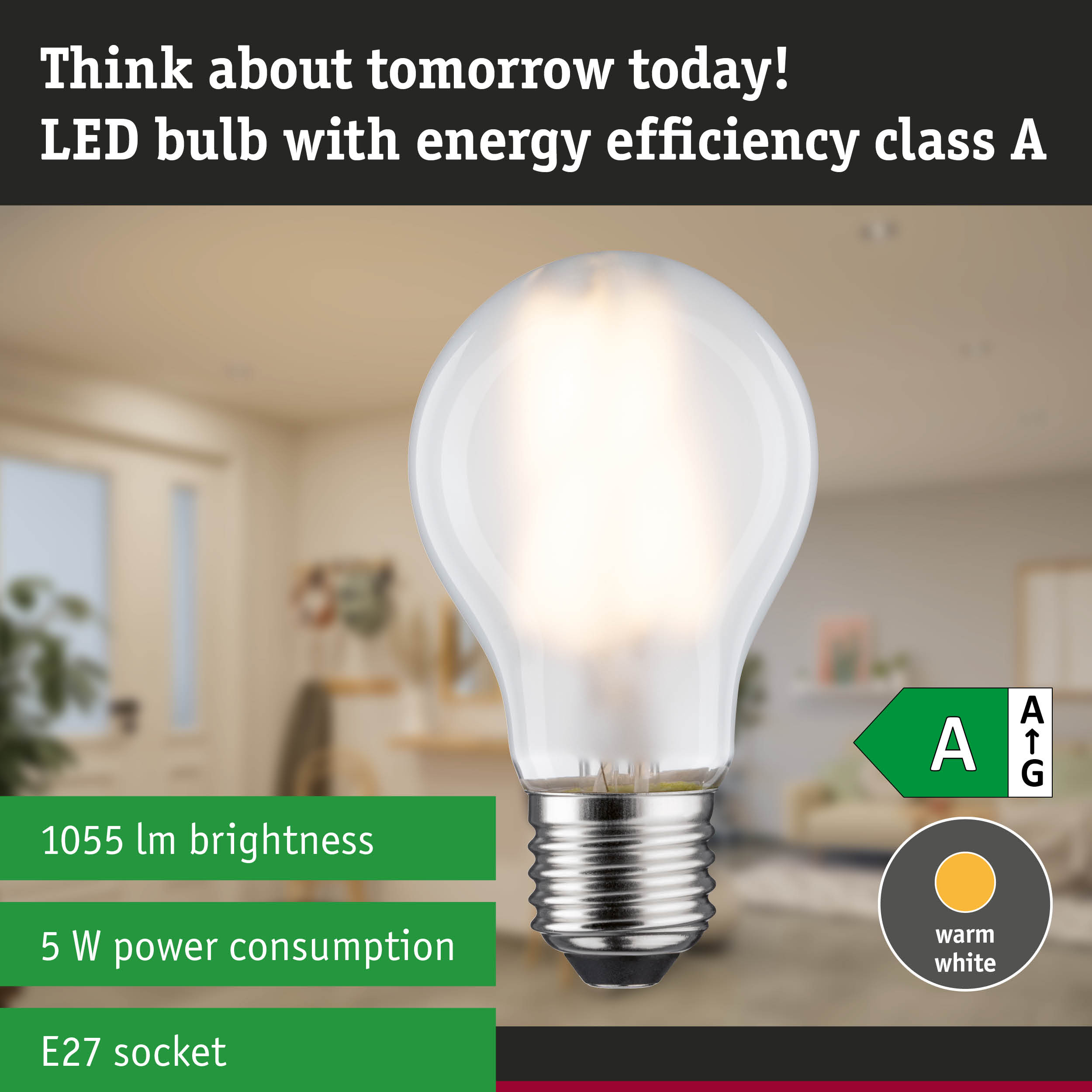 Energy-saving LED lamp with warm white light and high efficiency against green forest background