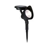 Black plastic solar garden spotlight with ground spike for energy-saving outdoor lighting