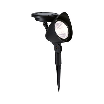 Black plastic solar garden spotlight with ground spike for energy-saving outdoor lighting