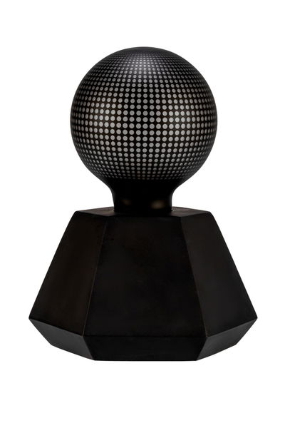 Black geometric table lamp with spherical metal lampshade featuring dot pattern for modern lighting