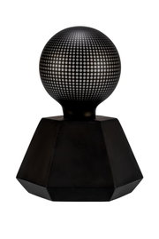 Black LED table lamp with spherical metal shade featuring dotted pattern for modern lighting