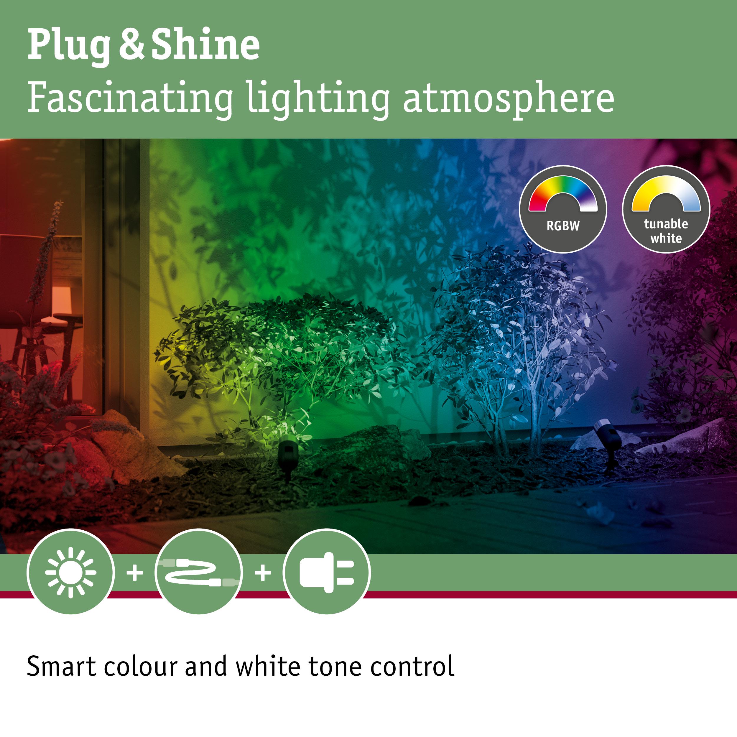 Outdoor lighting with RGBW and tunable white creates colorful garden atmosphere with smart color control.