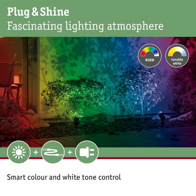 Outdoor lighting with RGBW and tunable white creates colorful garden atmosphere with smart color control.