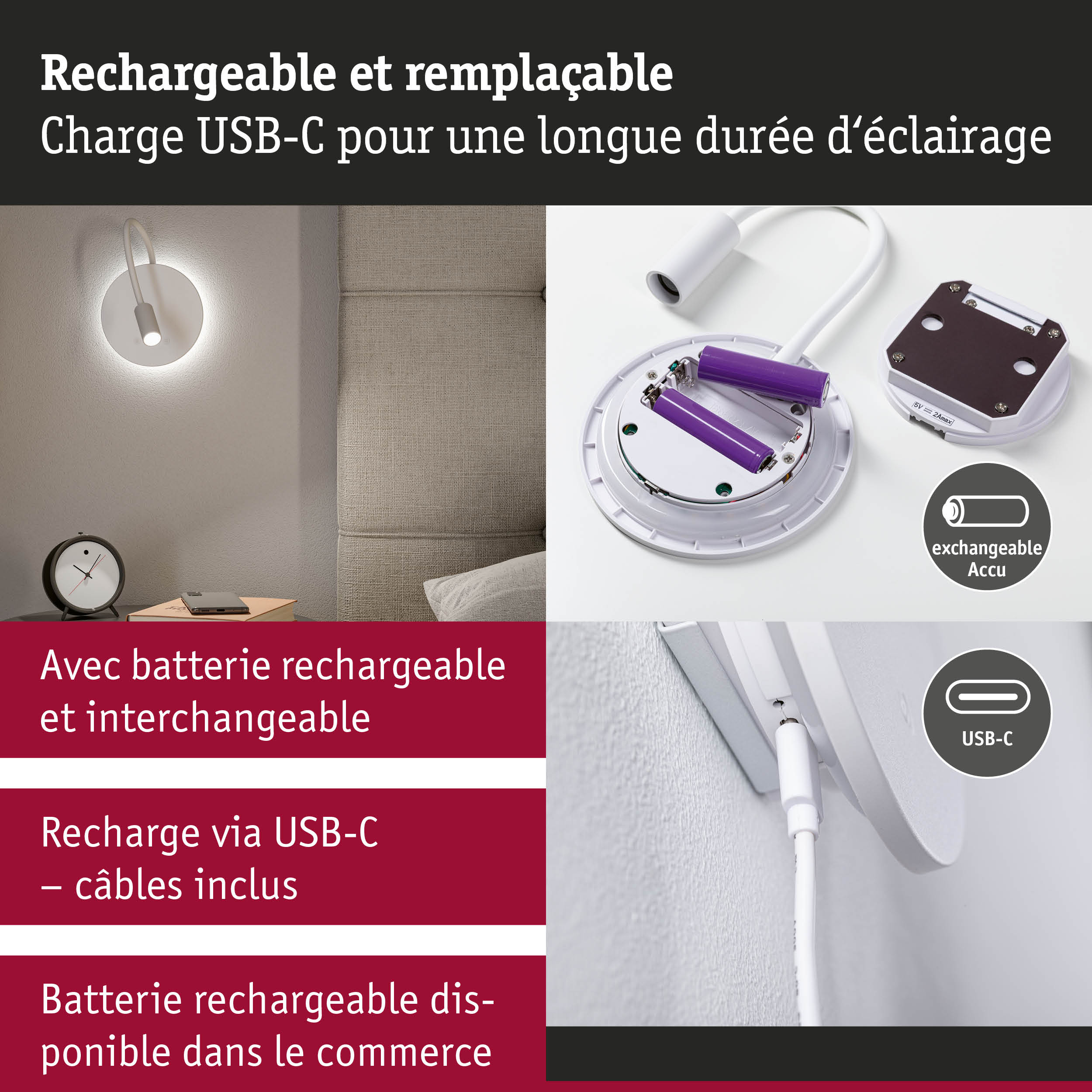 Applique murale LED blanche avec charge USB-C et batterie rechargeable interchangeable pour un éclairage durable