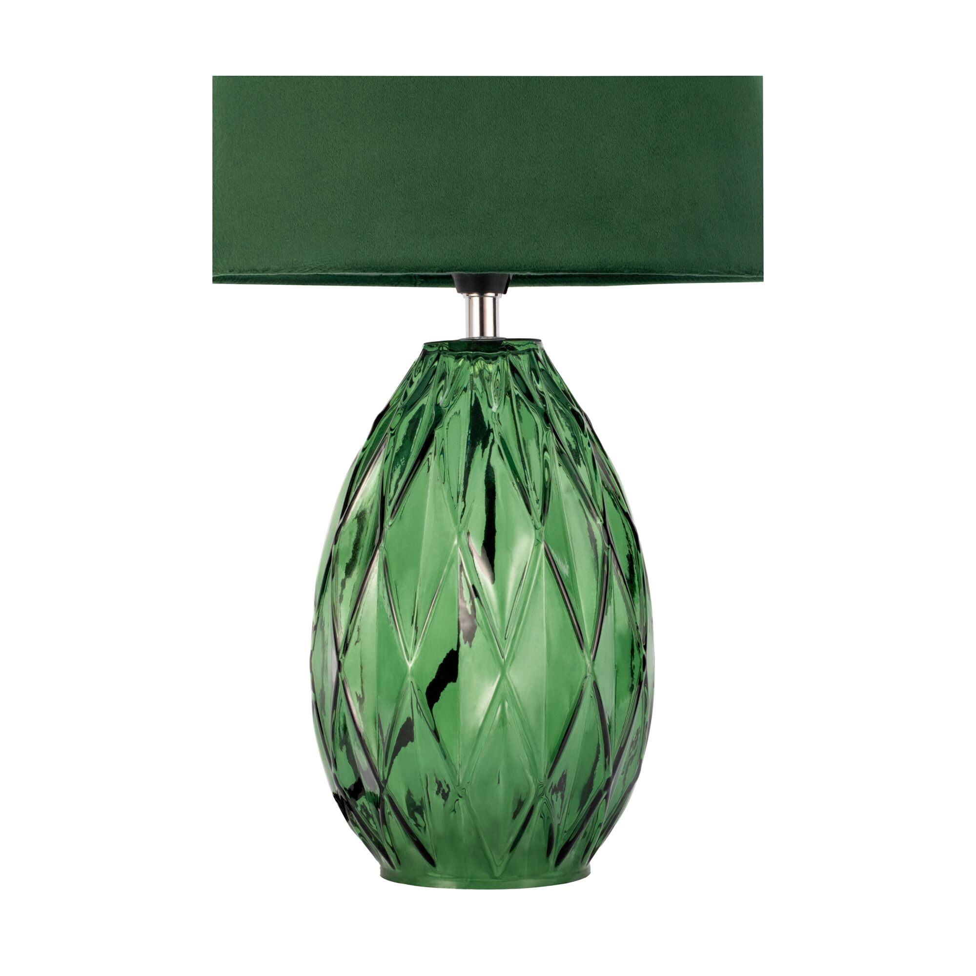Green table lamp with textured glass base and green fabric shade for elegant home lighting