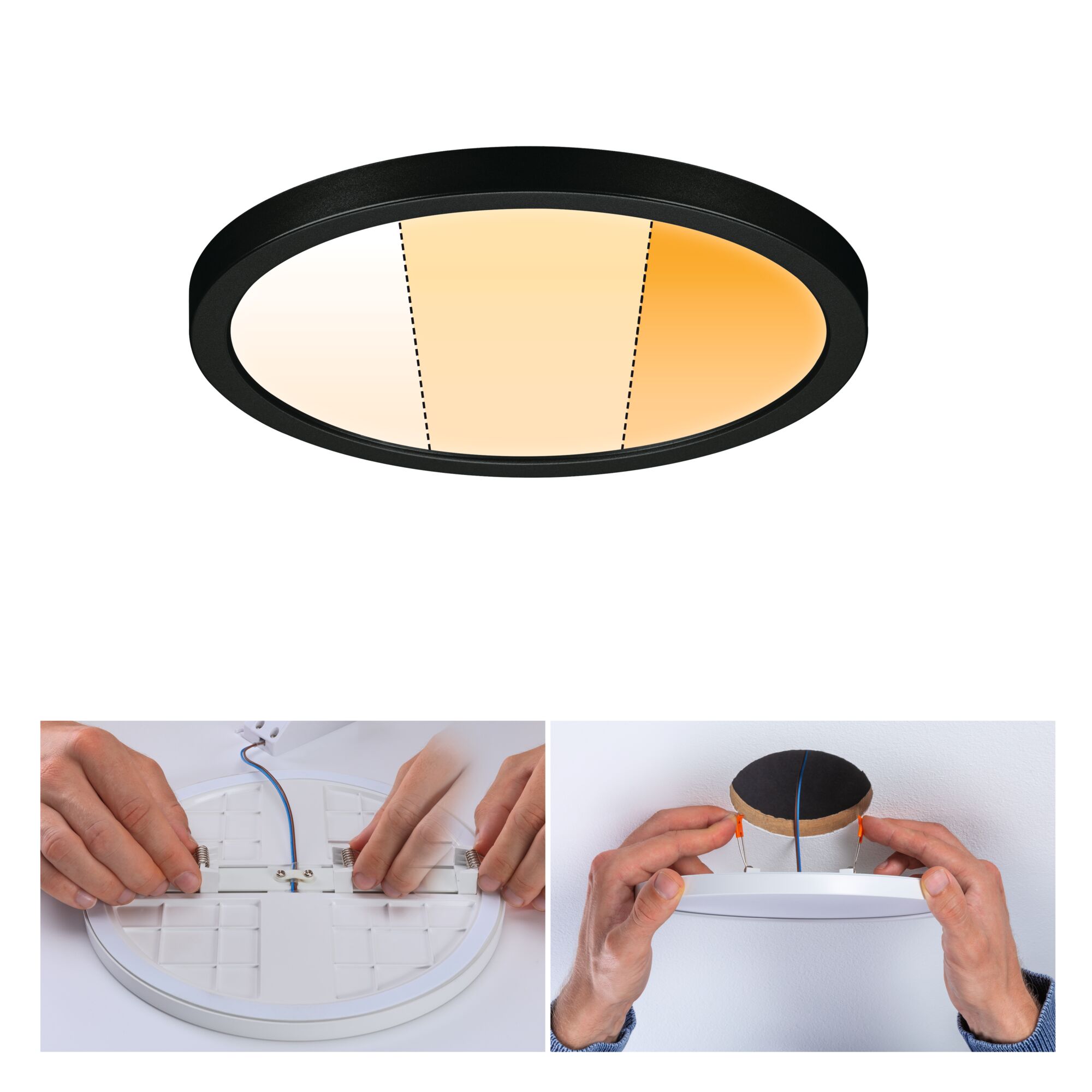 Ronde LED-plafondlamp met zwarte rand en instelbare kleurtemperatuur, montage met veerclips getoond.