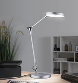 Moderne sølvfarvet LED skrivebordslampe i metal med justerbar arm og touchkontrol til kontorbelysning