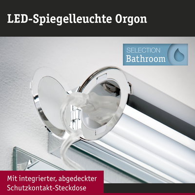 LED-Spiegelleuchte Orgon in Chrom mit integrierter Steckdose für Badezimmerbeleuchtung