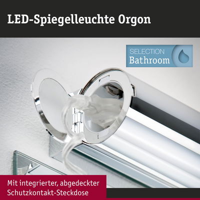 LED-Spiegelleuchte Orgon in Chrom mit integrierter Steckdose für Badezimmerbeleuchtung