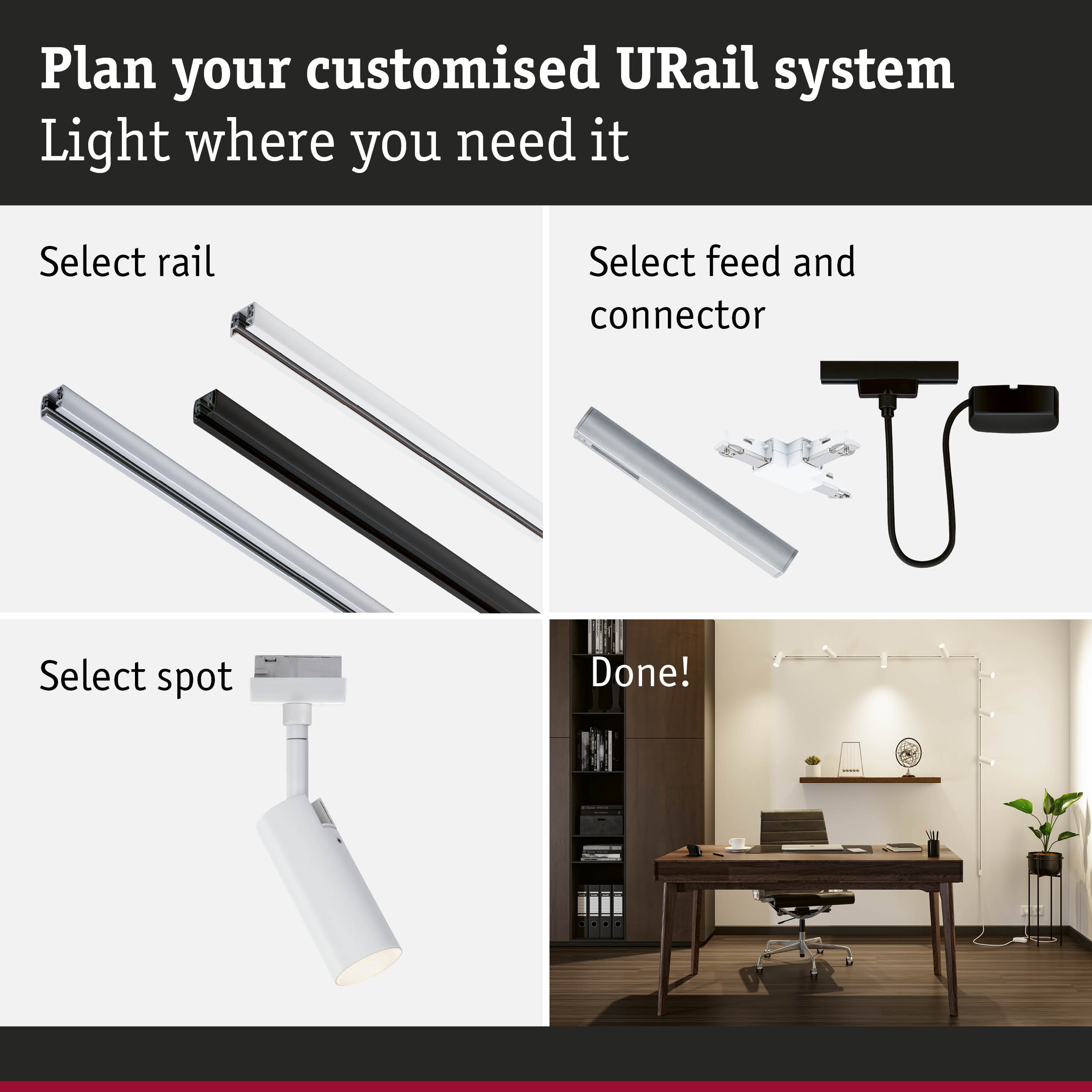 Guide to planning a URail track system with rail, connector, and spot selection for LED lighting