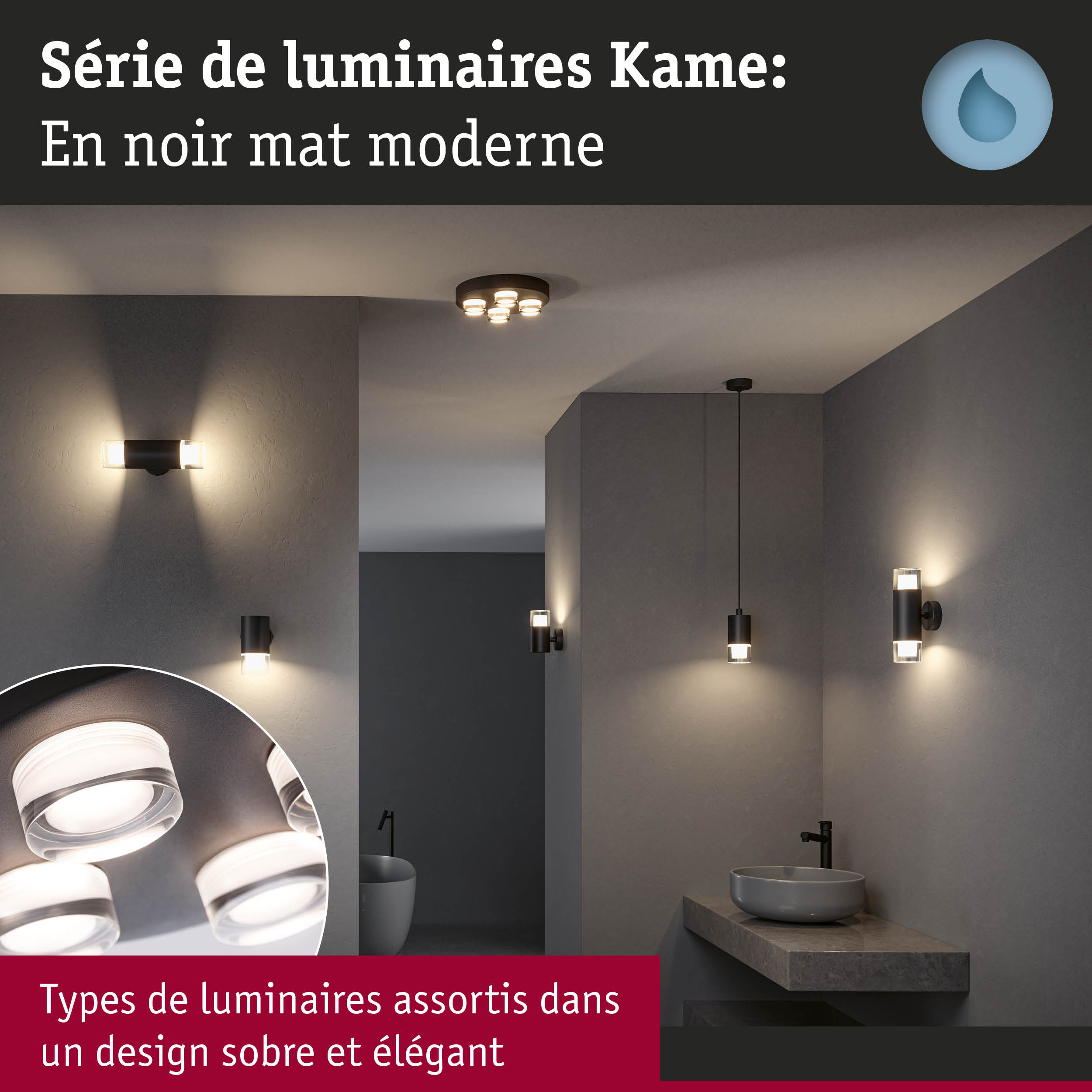 Série de luminaires Kame en noir mat avec appliques et plafonniers modernes pour salle de bain élégante