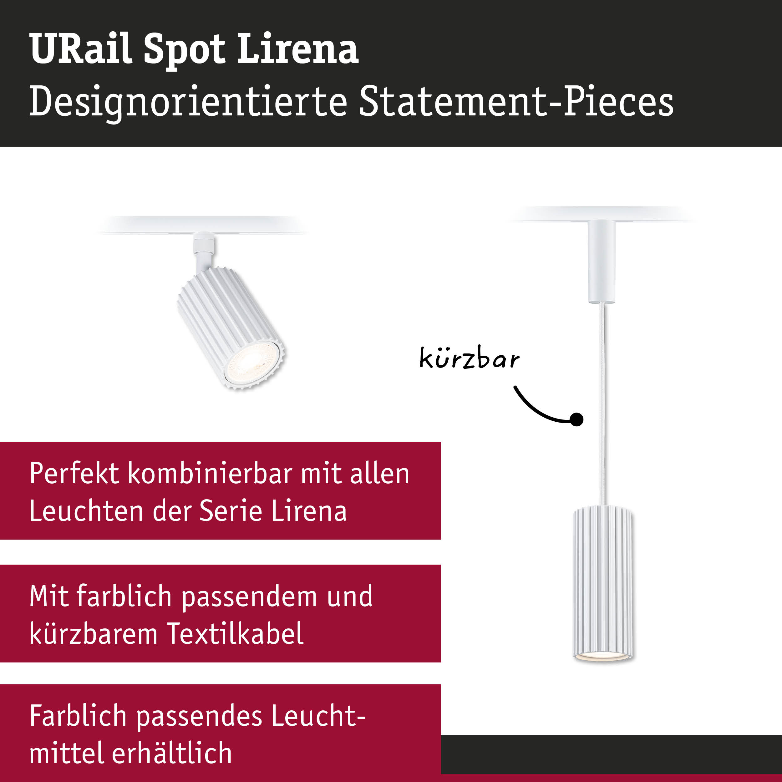 Weißer URail Spot Lirena mit gerilltem Design und kürzbarem Textilkabel für flexible Beleuchtung