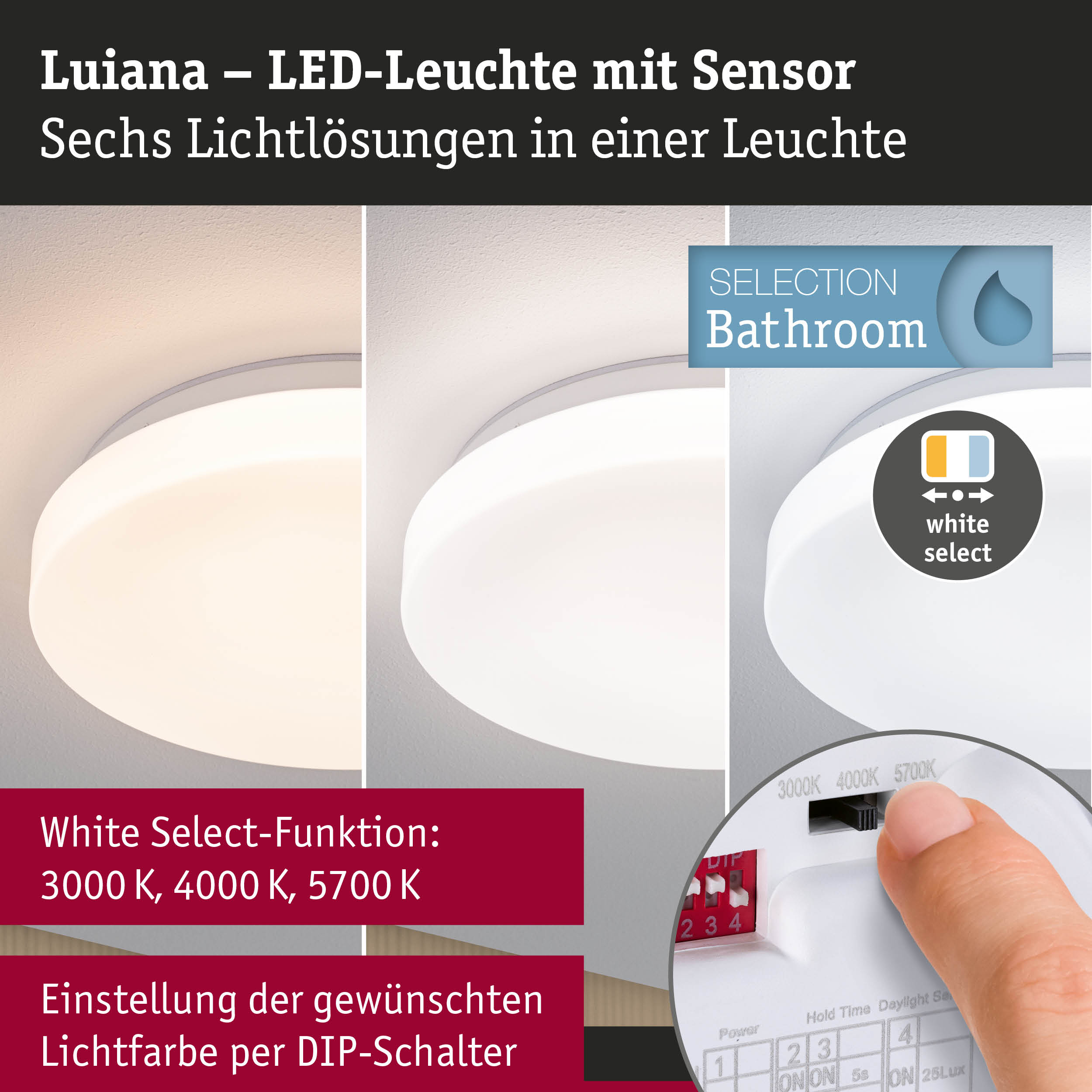 Luiana LED-Deckenleuchte mit Sensor in Weiß, einstellbare Lichtfarbe 3000K bis 5700K für Badezimmer