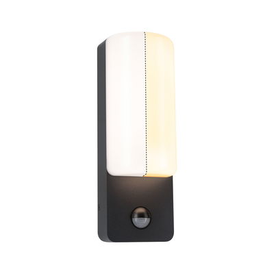 Modern outdoor wall light in black metal with white plastic shade and motion sensor
