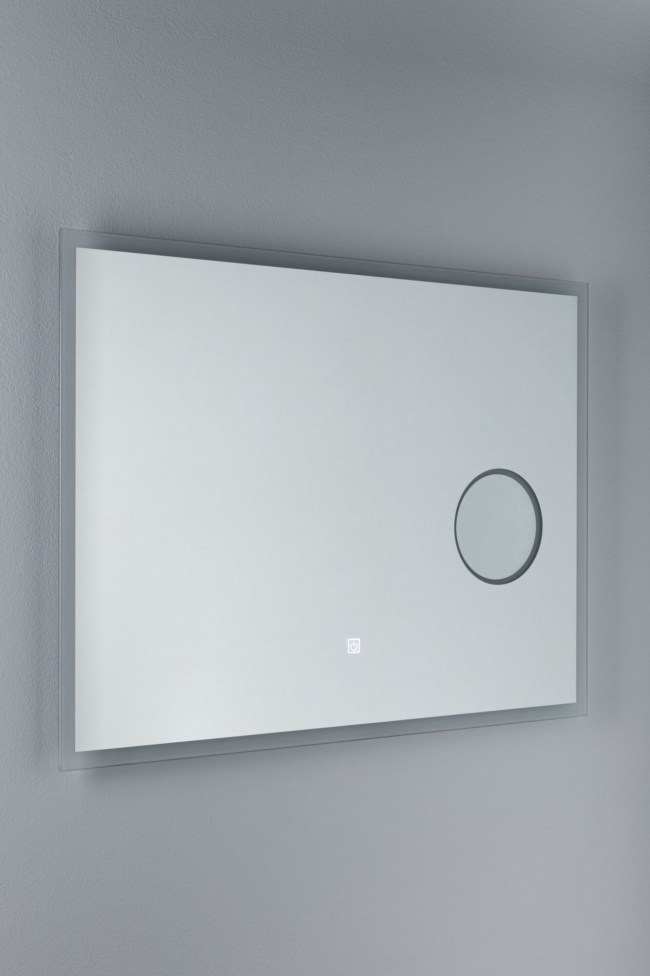 Rectangular wall mirror with LED lighting and magnifying glass in clear glass for bathroom use.