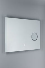 Rectangular wall mirror with LED lighting and magnifying glass in clear glass for bathroom use.