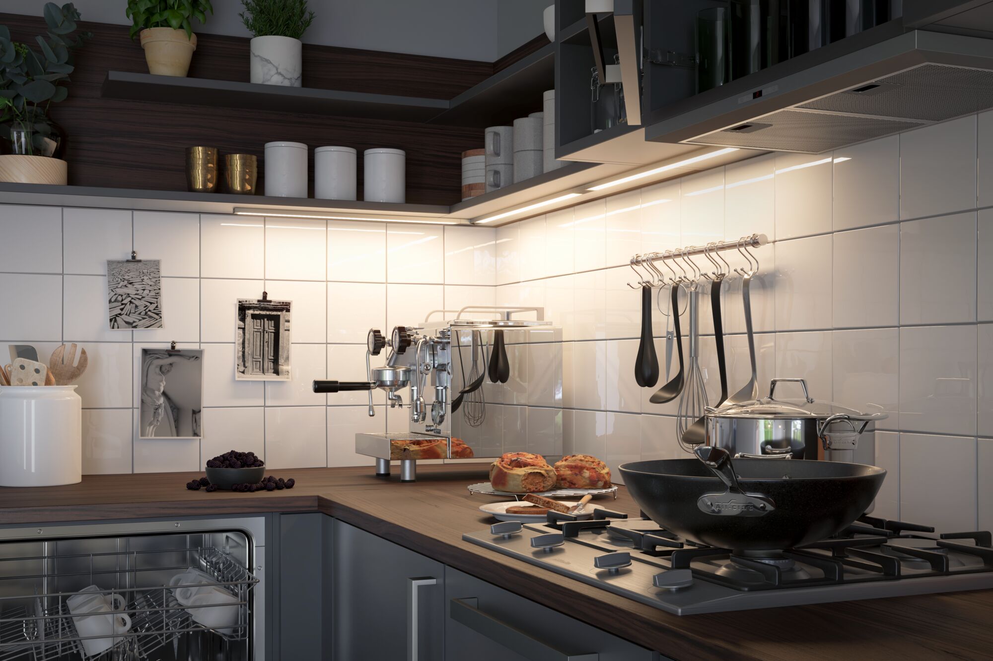 Cuisine moderne avec plan de travail en bois, cuisinière à gaz en acier inoxydable, poêle noire et éclairage LED sous meuble.