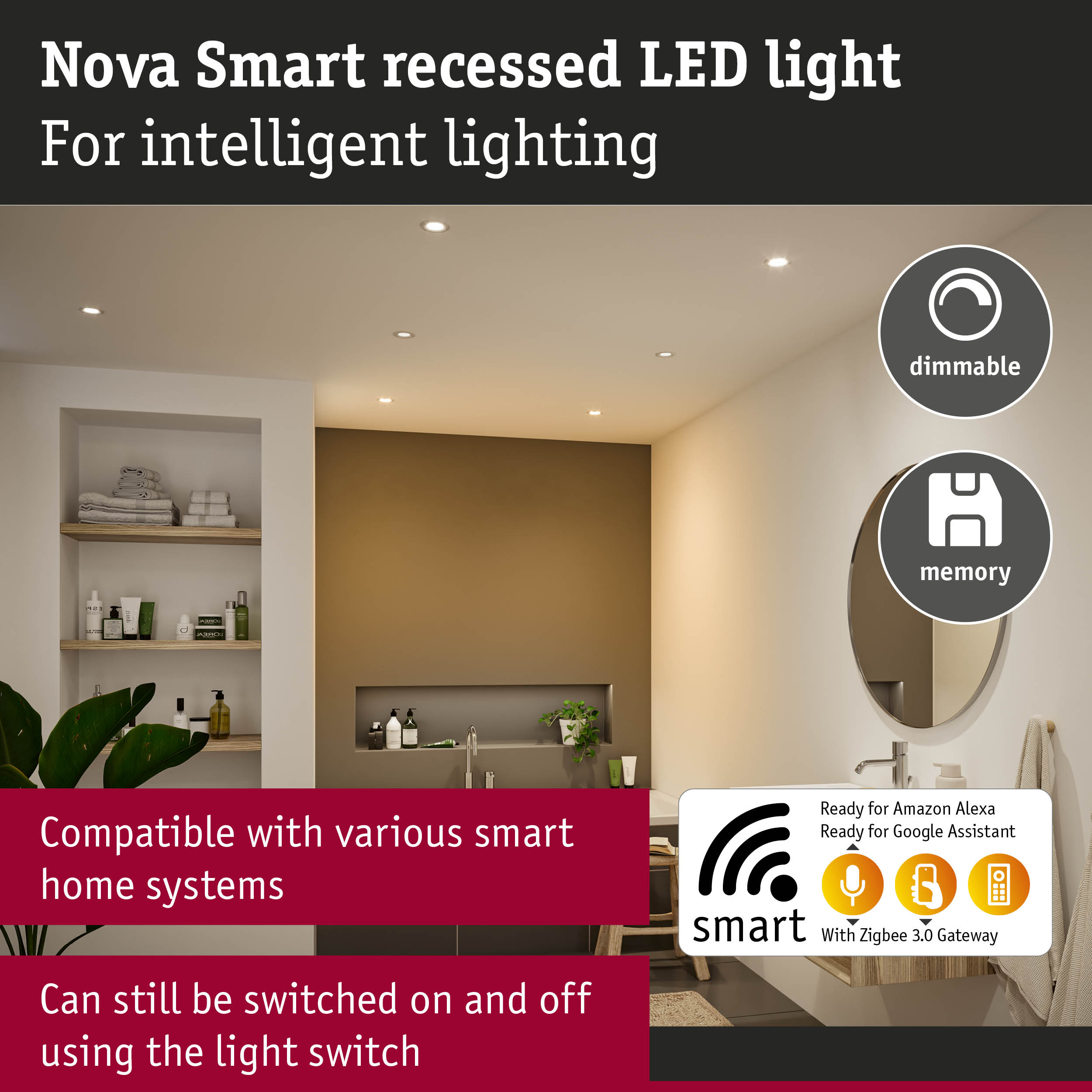 Nova Smart white recessed LED light, dimmable and smart controlled for modern bathroom lighting