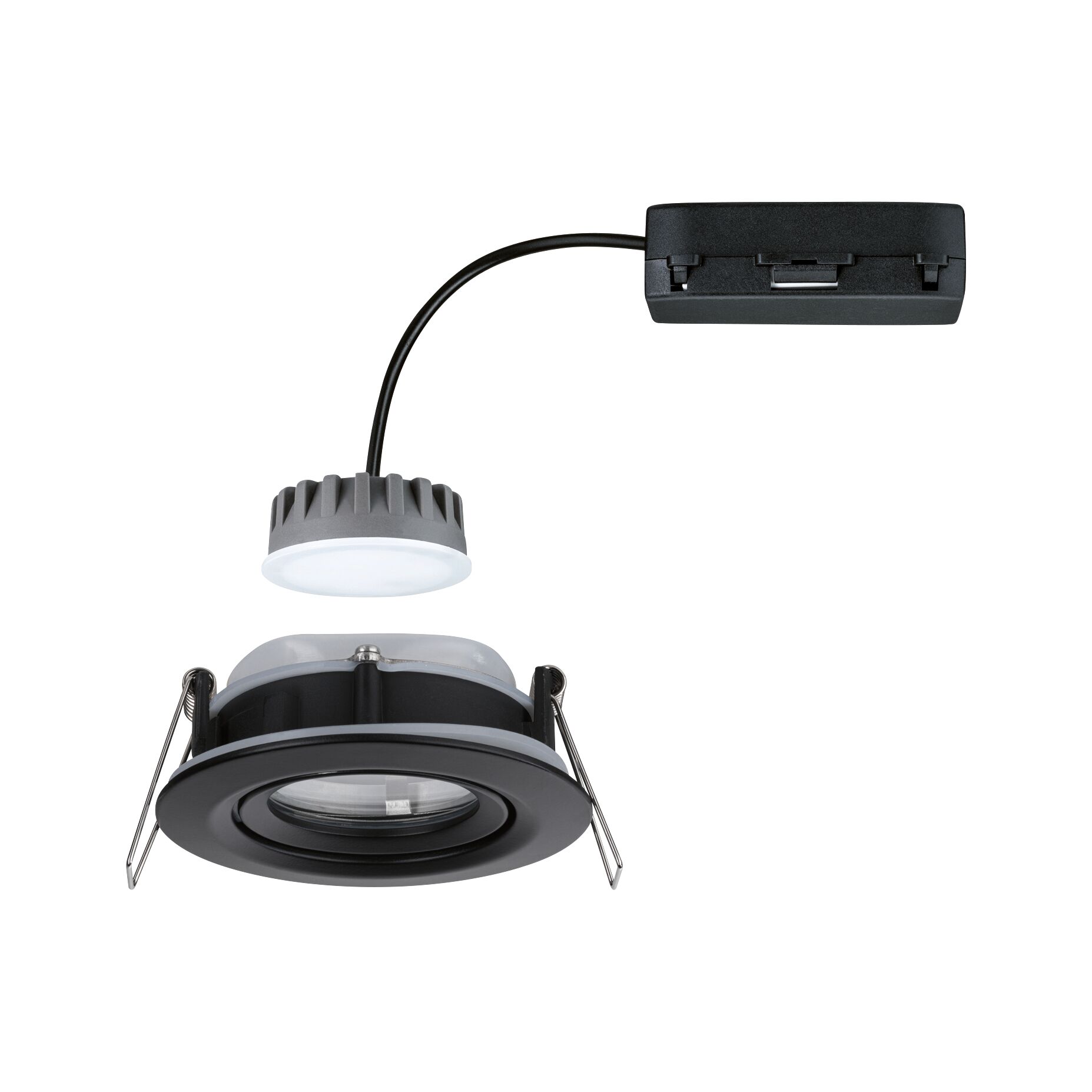 Sort indbygningsspot med aftagelig LED-modul og tilslutningsboks til moderne LED-belysning