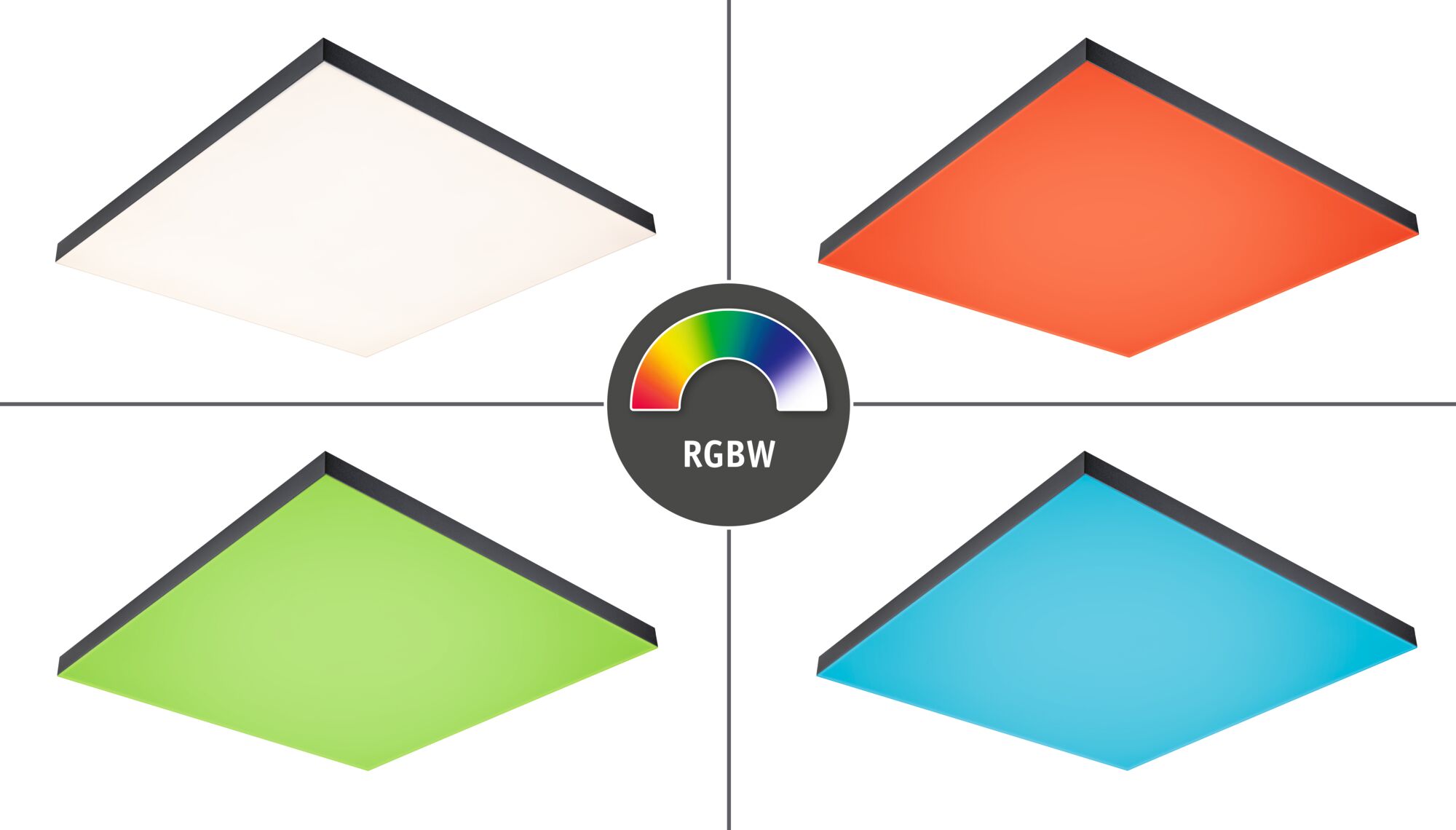 Black Velora LED panel with RGBW color change in white, orange, green, and blue for modern lighting