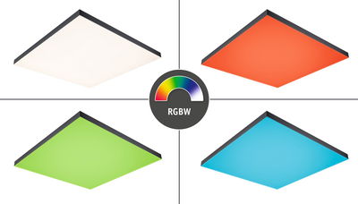 Black Velora LED panel with RGBW color change in white, orange, green, and blue for modern lighting