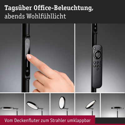 Schwarze dimmbare LED-Stehleuchte mit Touch- und Fernbedienung, klappbar von Deckenfluter zu Strahler