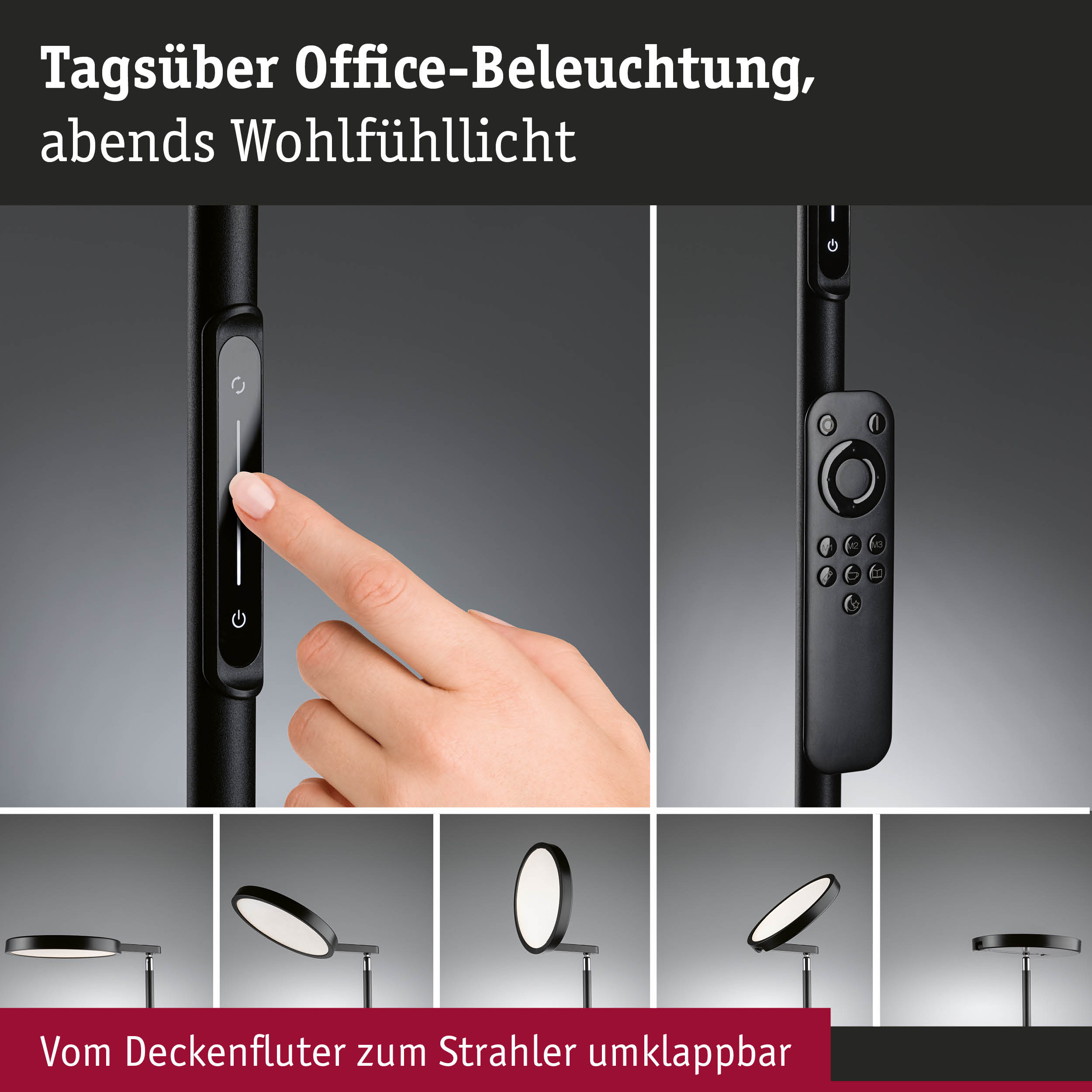Schwarze dimmbare LED-Stehleuchte mit Touch- und Fernbedienung für Bürobeleuchtung und Wohlfühlicht