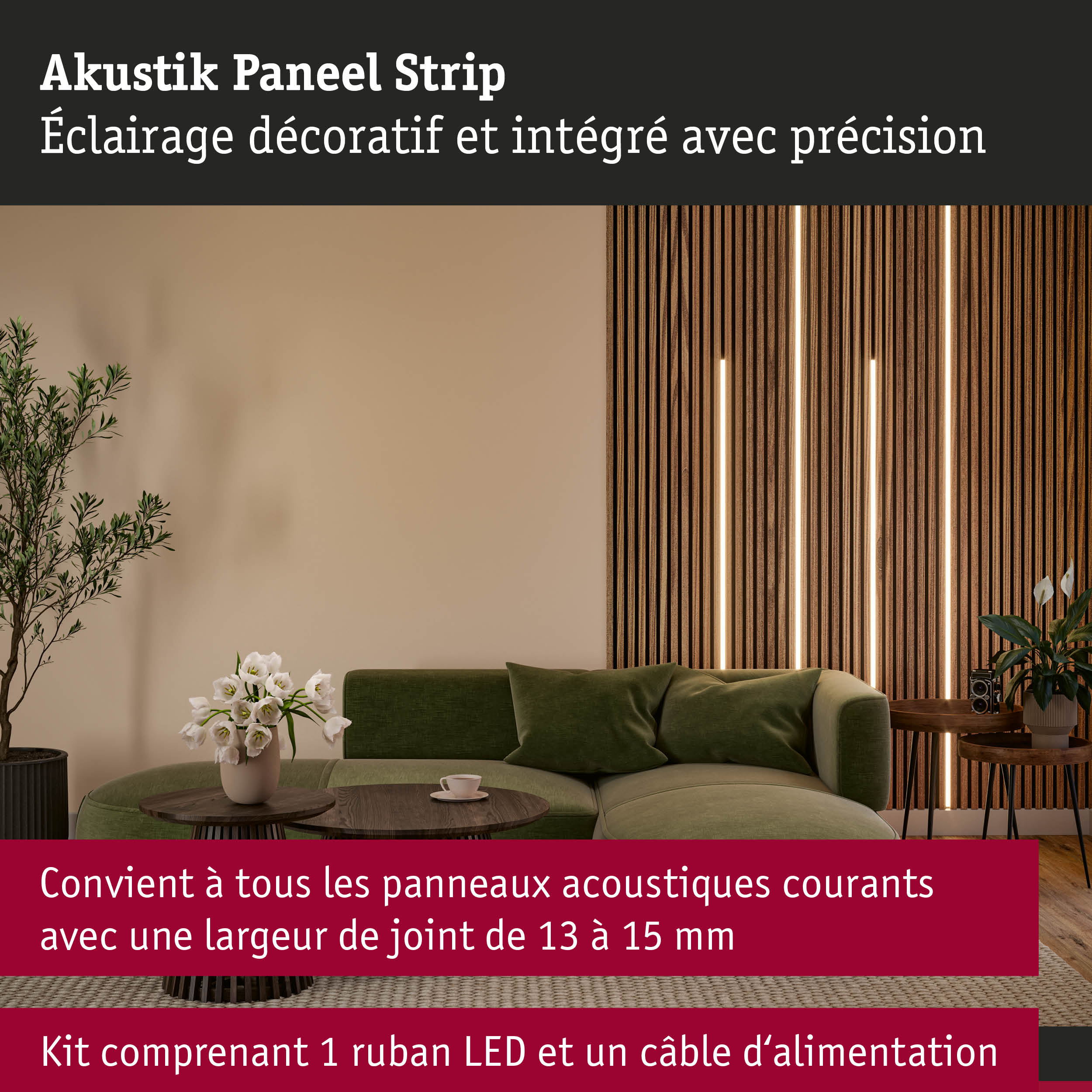 Bande de panneau acoustique en bois avec éclairage LED intégré pour décoration murale moderne