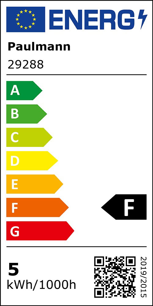 Energimærke med karakter F og 5 kWh pr. 1000 timer for produktnummer 29288