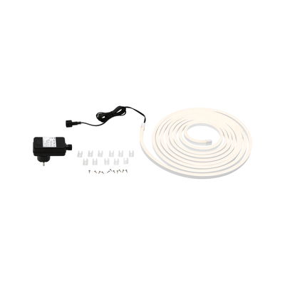 Flexible warm white LED strip with power adapter and mounting clips for versatile lighting setups
