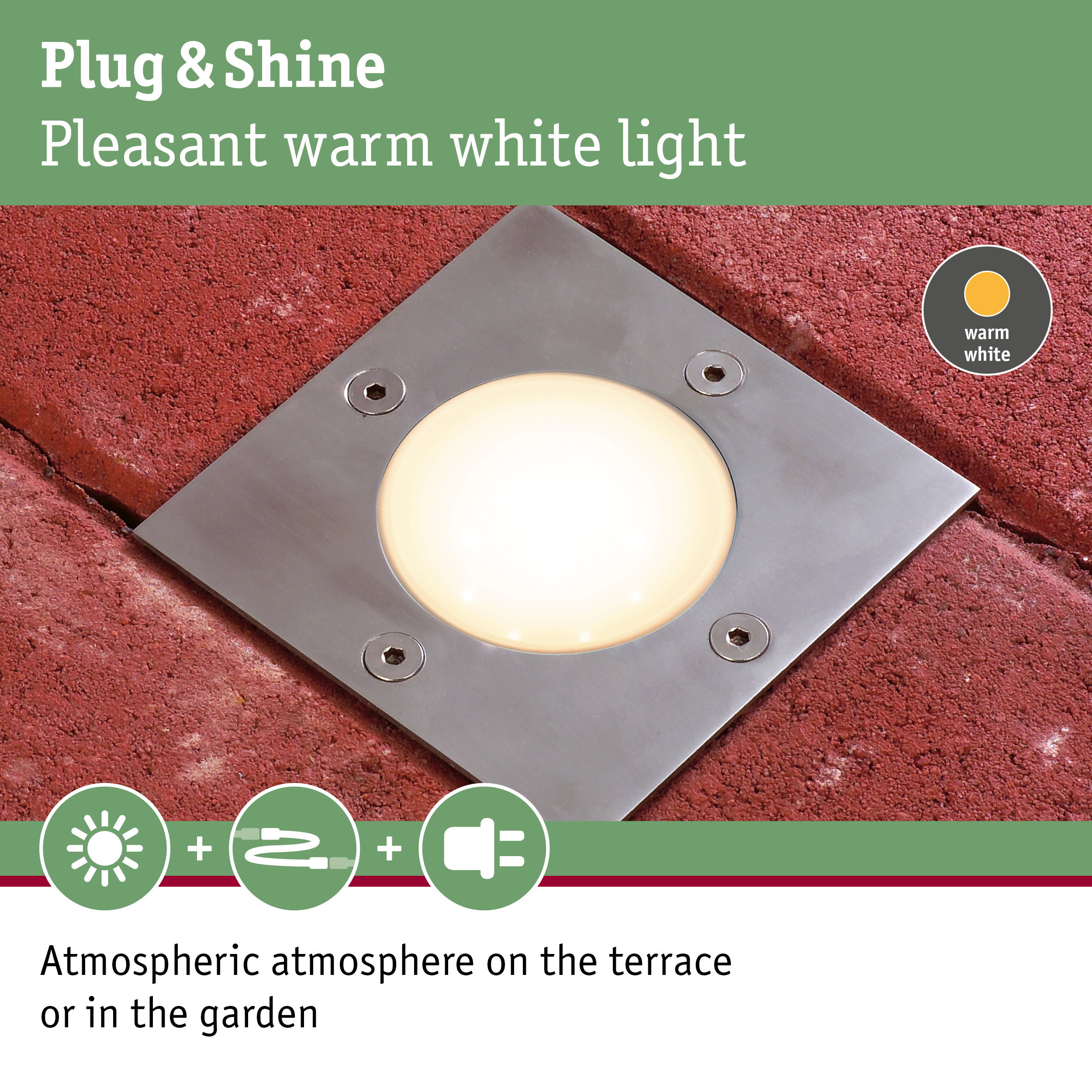 Stainless steel recessed light with warm white glow for terrace and garden lighting