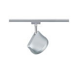 Moderner silberner LED-Strahler aus Metall an Schienensystem für flexible Beleuchtung