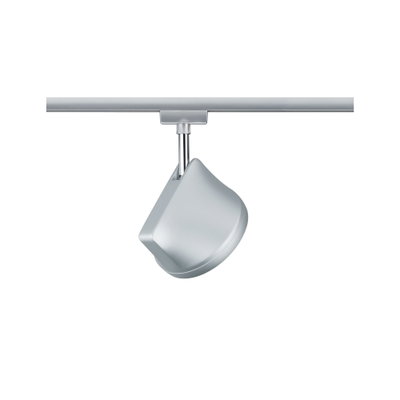 Moderner silberner LED-Strahler aus Metall an Schienensystem für flexible Beleuchtung