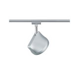 Moderner silberner LED-Strahler aus Metall an Schienensystem für flexible Beleuchtung