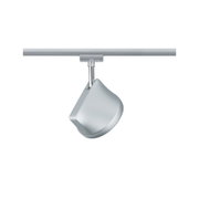 Moderner silberner LED-Strahler aus Metall an Schienensystem für flexible Beleuchtung