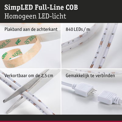 LED-lichtstrip met 840 LEDs/m, plakband aan achterkant, knipbaar om de 2,5 cm, eenvoudig te verbinden