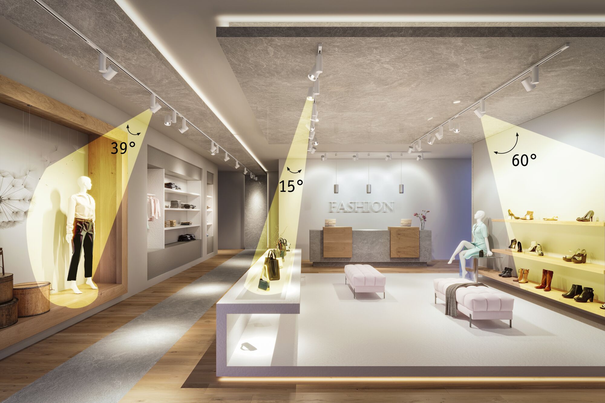 Moderne modewinkel met verstelbare witte LED-spotlights die etalages en producten accentueren met sfeerverlichting.