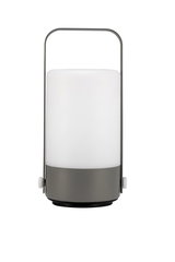 Modern portable LED lamp with white plastic shade and grey metal handle for ambient lighting