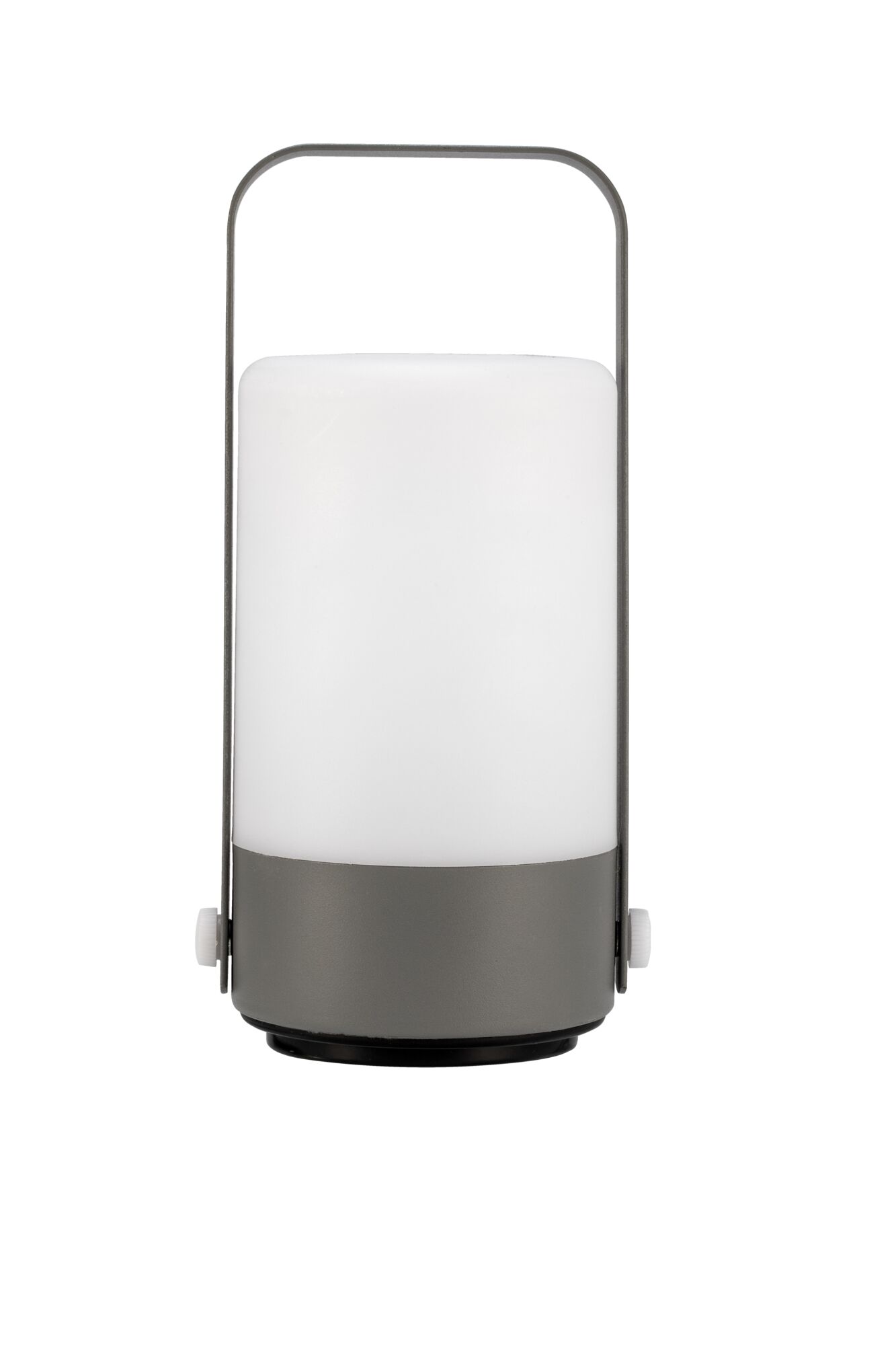 Moderne draagbare LED-lamp met witte kunststof kap en grijze metalen handgreep voor sfeerverlichting
