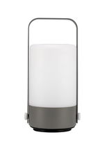 Modern portable LED lamp with white plastic shade and grey metal handle for ambient lighting